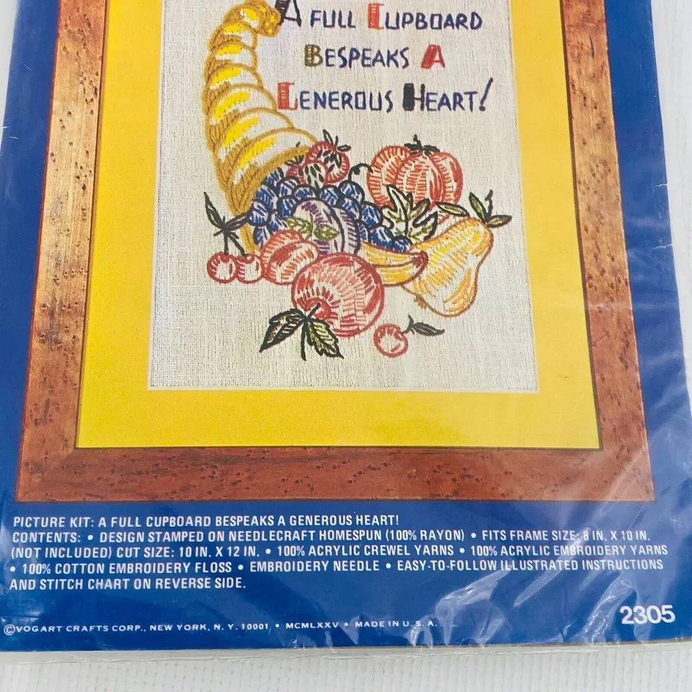Vtg Vogart #2305‎ Cornucopia Full Cupboard Generous Heart Crewel Embroidery Kit